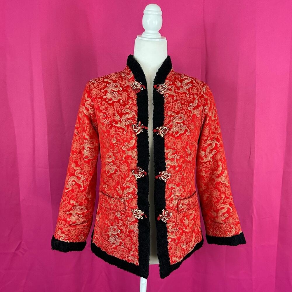 Unbranded‎ faux fur lined cheongsam red dragon jacket, size med